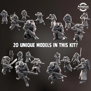 May include: A collection of 20 miniature soldier models in various action poses. Each figure is clad in armor and carries weaponry, including rifles and swords. The text "20 UNIQUE MODELS IN THIS KIT!" is displayed.