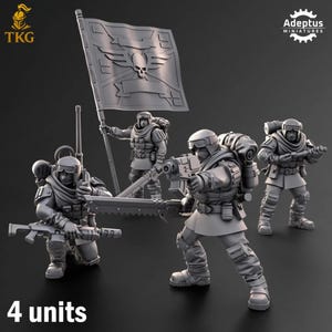 May include: A group of four miniature soldiers in gray, posed with weapons and a banner. The banner features a skull and wing design. The figures are wearing helmets and backpacks. The text "4 units" is at the bottom of the image.