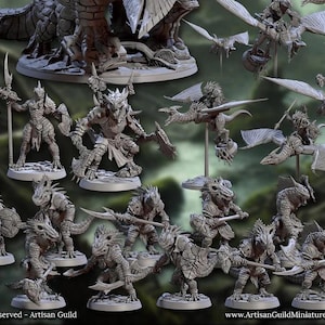 May include: A collection of unpainted miniature fantasy figures, including dragons, warriors, and flying creatures. The figures are in various poses, some with weapons, and are designed for tabletop gaming or collecting. The image includes the text "©2025 All Rights Reserved - Artisan Guild."