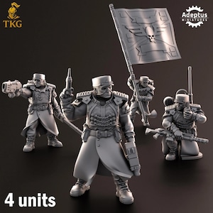 Puede incluir: Un grupo de cuatro figuras en miniatura grises de soldados con uniformes militares. Una figura sostiene una bandera con un emblema de calavera. Las figuras están en varias poses, algunas sosteniendo armas. El texto "4 units" está en la parte inferior.