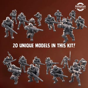 May include: A collection of 20 miniature models of armored soldiers, each holding a weapon. The figures are gray and detailed, with helmets and protective gear. The text "20 UNIQUE MODELS IN THIS KIT!" is displayed.