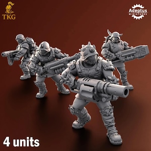 May include: Four gray miniature figures of soldiers in futuristic armor, each holding a large weapon. The figures are in a dynamic pose, as if in action. The text "4 units" is at the bottom of the image.