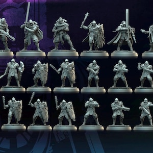 May include: A collection of gray miniature figurines of armored figures, some with weapons like swords and guns. The figurines are on individual bases, with a dog figurine at the top right. The text "ARDERE SYNDICATE OPPRESSION" is at the bottom left.