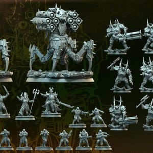 Puede incluir: Colección de figuras en miniatura grises, incluyendo vehículos robóticos con forma de araña y varias figuras humanoides. Las figuras son de la serie "Hell Praetorians", con el texto "Orbita Hellscape" visible.