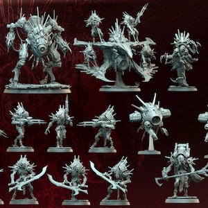 May include: A collection of gray miniature figurines, including humanoid and mechanical designs, with spiky details. The text "BODYSNATCHERS FIRST CONTACT" is visible. The A Games logo is in the bottom right corner.