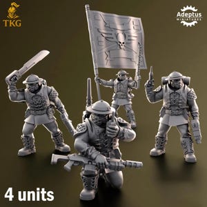 May include: A group of four gray miniature figurines of soldiers in combat gear. Each figure is equipped with weapons and helmets. One figure kneels, aiming a rifle. The image includes the text "4 units".