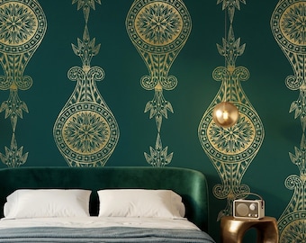 Emerald Gold Art Deco Wallpaper – Teal Boho Wall Mural (Peel and Stick)