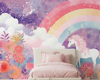 Magical Unicorn Wallpaper | Watercolor Rainbow Wall Mural | Floral Nursery Decor | Peel and Stick Galaxy Mural for Girls Room Decor