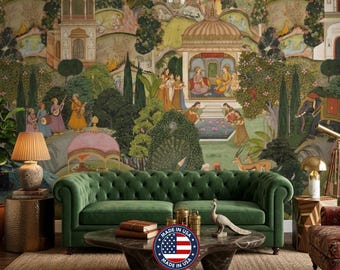 Mughal Miniature Style Indian Mural, Forest Green Exotic Landscape Wallpaper (Peel and Stick)