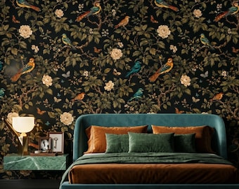 Dark Green Vintage Bird and Floral Chinoiserie Wallpaper, Moody Maximalist Wall Decor, Dark Academia Home Aesthetic