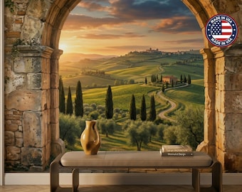 Tuscan Arch Window Mural | Rolling Hills Mediterranean Landscape Wallpaper