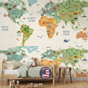 May include: A colorful world map mural with illustrations of animals, landmarks, and oceans. The map includes the text "North America", "Pacific Ocean", "Machu Picchu", "Europe", "Asia", "Atlantic Ocean", "Africa", "Indian Ocean", and "Australia". A "Made in USA" sticker is visible.