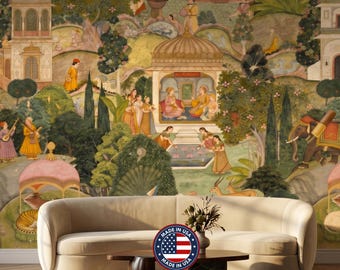 Mughal Miniature Style Indian Mural, Forest Green Exotic Landscape Wallpaper (Peel and Stick)