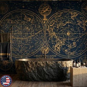 May include: A bathroom with a large, stone-like bathtub. The wall behind the tub features a dark blue mural with a gold constellation map design. Wooden floorboards and a small side table with bottles complete the scene.