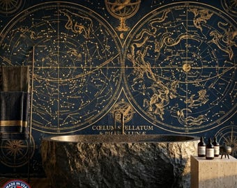 Celestial Constellation Map Mural – Vintage Navy Gold Star Wall Art (Dark Academia)