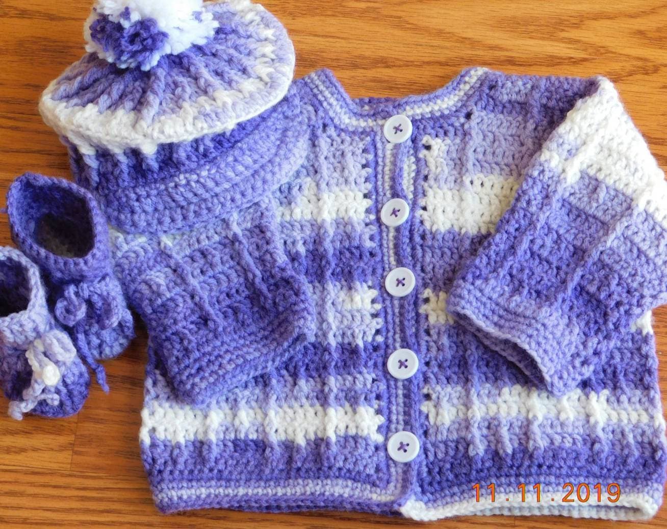 Handmade Crochet Newborn Sweater Set, Beret, Booties, Baby Shower Gift
