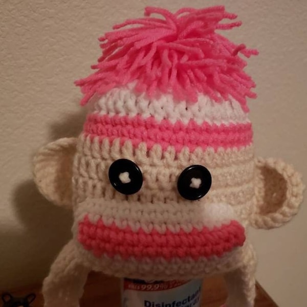 Handmade 6mth Crochet Sock Monkey Hat, crochet monkey hat