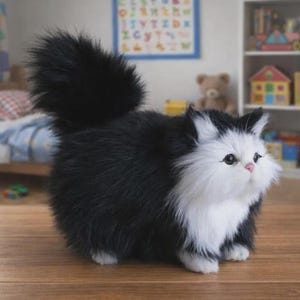 Puede incluir: Un juguete de peluche con forma de gato con pelaje blanco y negro. El gato tiene una gran cola negra y tupida y una cara blanca con orejas negras. El gato est&aacute; sobre una superficie de madera.