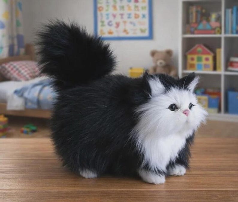 Puede incluir: Un juguete de peluche con forma de gato con pelaje blanco y negro. El gato tiene una gran cola negra y tupida y una cara blanca con orejas negras. El gato est&aacute; sobre una superficie de madera.