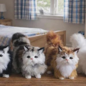 Puede incluir: Cinco gatos de juguete con pelaje esponjoso en fila, cada uno con un patr&oacute;n de color &uacute;nico. Los gatos tienen pelaje blanco, negro, gris y naranja. Est&aacute;n de pie sobre una superficie de madera en una habitaci&oacute;n con una cama y juguetes.