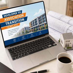 May include: A laptop displaying a digital planner titled Developer to Association Transition Template with an illustration of a multi-story building, alongside a miniature house model, a black pen, and rolled architectural blueprints on a desk.