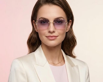 Gafas de sol de lujo doradas sin montura / Tonos degradados rosa lavanda / Lentes grabadas con corte de diamante / Elegantes gafas sin montura / Regalo para ella