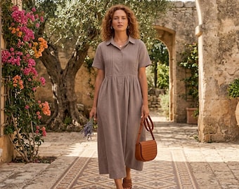 Abito camicia lungo in lino, abito estivo rosa antico con pieghe, vestaglia mediterranea a maniche corte con bottoni, abbigliamento da resort boho casual ampio, nuovo