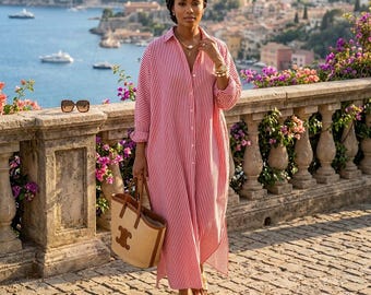 Abito lungo a righe in cotone, caftano da spiaggia con maniche a pipistrello, abito a camicia estivo ampio, caftano asimmetrico oversize, outfit casual boho per le vacanze.