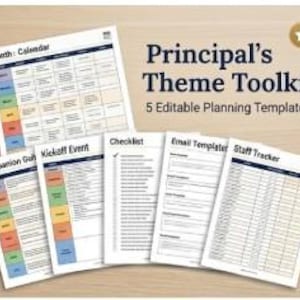 Könnte beinhalten: Eine Sammlung von gedruckten Planungsvorlagen mit dem Titel "Principal's Theme Toolkit". Die Vorlagen umfassen einen Monatskalender, eine Checkliste und einen Mitarbeiter-Tracker. Der Text "5 Editable Planning Templates" ist ebenfalls sichtbar.