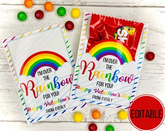 Skittles Valentines Over the rainbow valentines editable Printable Valentine Cards Kids Valentines class party digital download