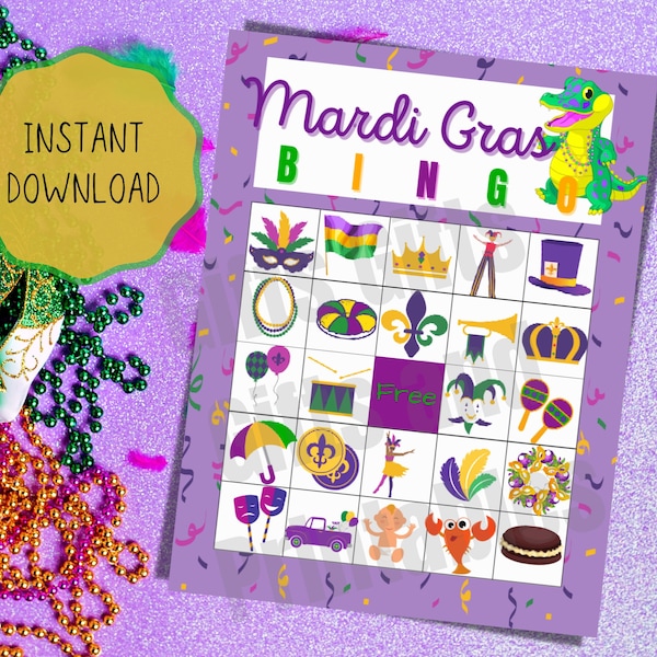 Mardi Gras printable bingo game, Mardi Gras party, Mardi Gras games, bingo game