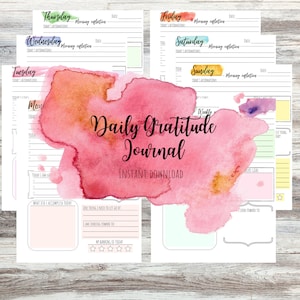 May include: A printable daily gratitude journal with a watercolour background. The journal includes sections for daily affirmations, morning reflections, what you accomplished today, one thing to let go of, what you are looking forward to, and your ranking of the day. The journal also includes a weekly section with a space for your weekly goal.