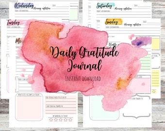 May include: A printable daily gratitude journal with a watercolor background. The journal includes sections for daily affirmations, morning reflections, what you accomplished today, one thing to let go of, what you are looking forward to, and your ranking of the day. The journal also includes a weekly section with a space for your weekly goal.