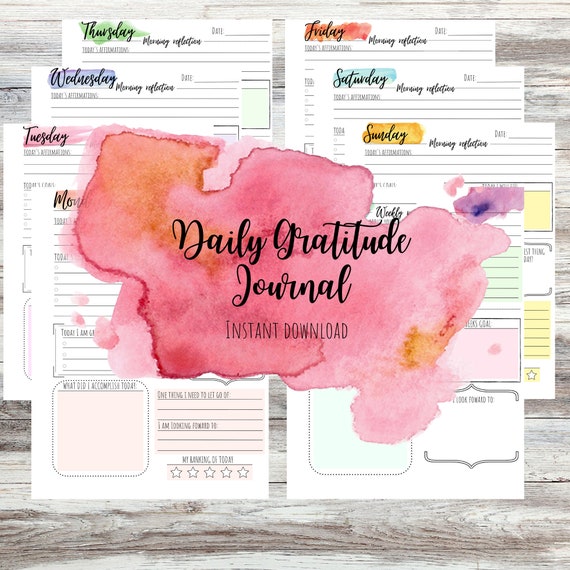 Daily Gratitude journal printable Mindful watercolor self-care printable Daily check in reflection planner wellness Planner template