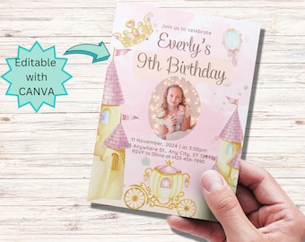 Princess birthday invitation template, editable girl princess birthday invite, picture pink gold