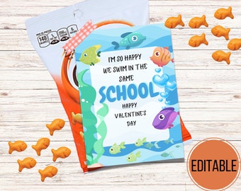 Gold Fish Valentines,  swim in the same school kids valentines, editable Printable Valentine Cards, class party digital download