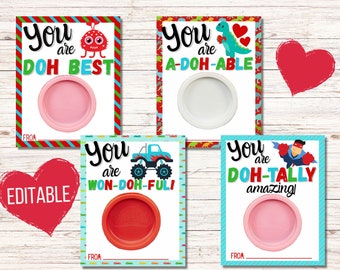 May include: Four printable Valentine's Day cards with a playdough container in the centre of each card. The cards feature different colours and designs, including a monster, a dinosaur, a monster truck, and a superhero. The text on the cards reads "You are DOH BEST", "You are A-DOH-ABLE", "You are WON-DOH-FUL!" and "You are DOH-TALLY amazing!"