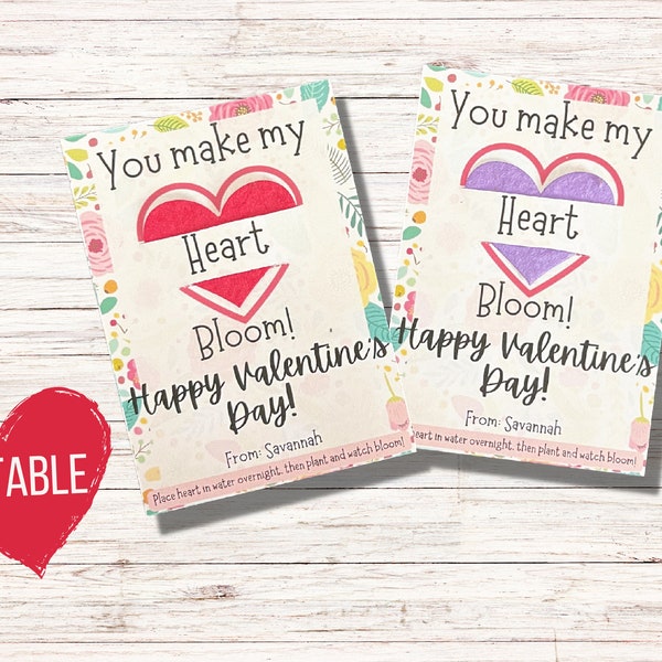 Editable Seed paper Valentines, Valentine class favors, Printable Valentine Cards, Flower Valentines, Non-candy class party digital download