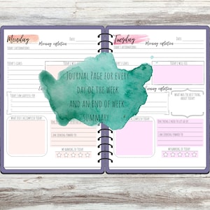 Puede incluir: Un dise&ntilde;o de acuarela verde con el texto "Journal Page for Every Day of the Week and an End of Week Summary." El dise&ntilde;o est&aacute; en una p&aacute;gina de un diario con secciones para "Morning Reflection", "Today's Goals", "Today I am Grateful For", "What Did I Accomplish Today", "One Thing I Need to Let Go Of", "I am Looking Forward To" y "My Ranking of Today".