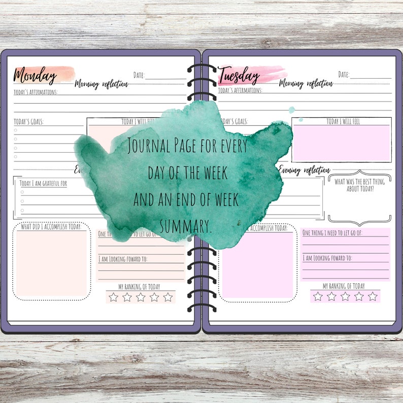 Puede incluir: Un dise&ntilde;o de acuarela verde con el texto "Journal Page for Every Day of the Week and an End of Week Summary." El dise&ntilde;o est&aacute; en una p&aacute;gina de un diario con secciones para "Morning Reflection", "Today's Goals", "Today I am Grateful For", "What Did I Accomplish Today", "One Thing I Need to Let Go Of", "I am Looking Forward To" y "My Ranking of Today".