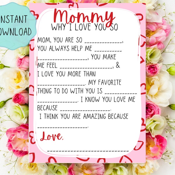 Valentine card for Mom 5x7, printable card, Valentine's day card for Mommy, kids fill in the blank, instant download, digital card