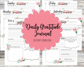 Diario de gratitud imprimible, autocuidado imprimible, registro diario, planificador de reflexión, plantilla de planificador de bienestar.