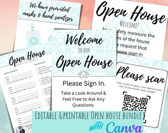 May include: Editable and printable open house sign bundle with Canva. The bundle includes a welcome sign, a sign-in sheet, and a sign with a QR code for additional information. The signs are designed with a light blue and white color scheme and feature house icons.