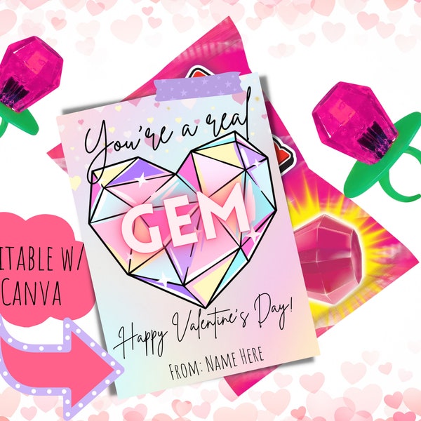 Printable Ring Pop Gem Valentines, Valentine class gift, Editable Valentine Cards, Kids Valentines, Non-candy class party digital download