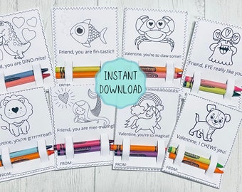 Crayon Valentines card, Printable Valentine Cards, Coloring Valentines, Non-candy class party digital download, crayons, crayola