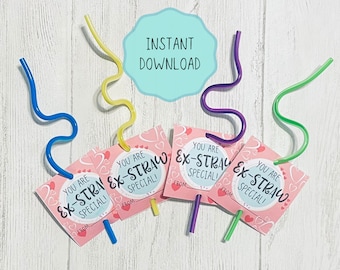 Straw printable Valentines, Valentine class favors, Printable Valentine Cards, Ex-straw Valentines, Non-candy class party digital download