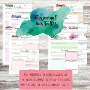 Puede incluir: Un planificador diario y semanal imprimible con fondos de acuarela. El planificador incluye secciones para afirmaciones diarias, objetivos, reflexiones de la ma&ntilde;ana y la noche, reflexiones semanales y planes para la pr&oacute;xima semana. El texto "&iexcl;Este diario lo tiene todo!" est&aacute; escrito en un fondo de acuarela verde.