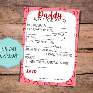 Dad printable valentines day card, kids valentine gift, fill in the blank, I love daddy, printable valentine card