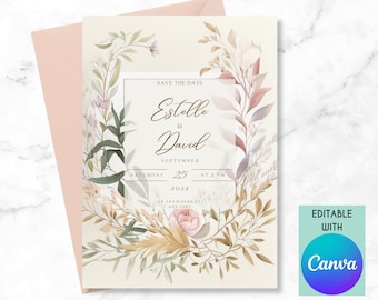 Floral Wedding Invitation Template Watercolor Classic Simple 5x7 Instant Download Editable Custom Printable Canva Wedding Invite