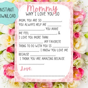 Mama druckbare Valentinstagskarte, Kinder Valentinstagsgeschenk, füllen Sie das Leerzeichen aus, ich liebe Mama, druckbare Valentinstagskarte
